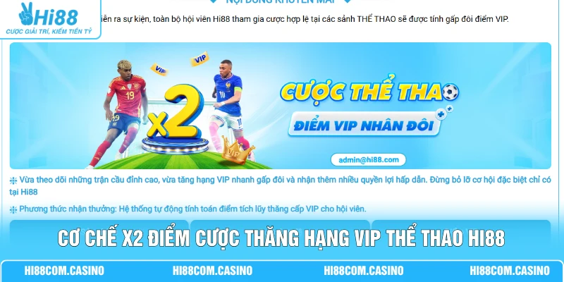 Khuyến Mãi Thể Thao - Gói Thưởng Đặc Biệt Đến 28.888 Điểm Cơ chế x2 điểm cược thăng hạng VIP thể thao Hi88